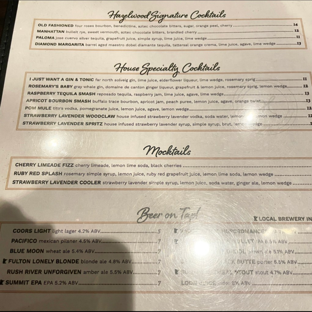 Hazelwood Food and Drink Woodbury Cocktail Menu